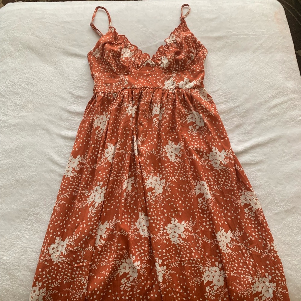 Burnt orange sundress with white flowers, worn once, size M